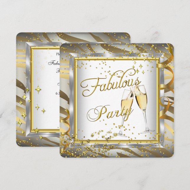 Convite Champagne Fabulous Party Zebra Creme Ouro Prata 2 (Frente/Verso)