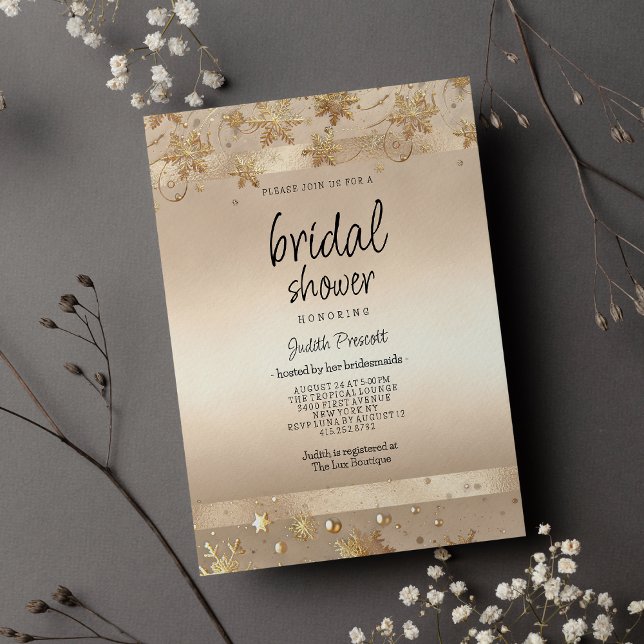 Convite Champagne Flocos de Neve Luxo Chá de Noiva (Champagne Golden Snowflakes Luxury Bridal Shower )