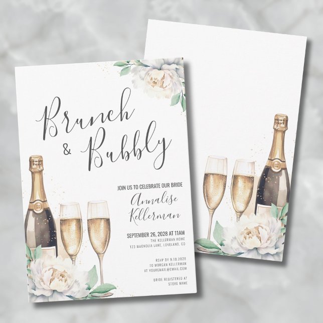Convite Champagne Floral Brunch E Chá de panela De Borrach (Floral Brunch And Bubbly Bridal Shower Invitation)