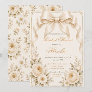Convite Champagne Floral Coquete laço Chuveiro de Noiva