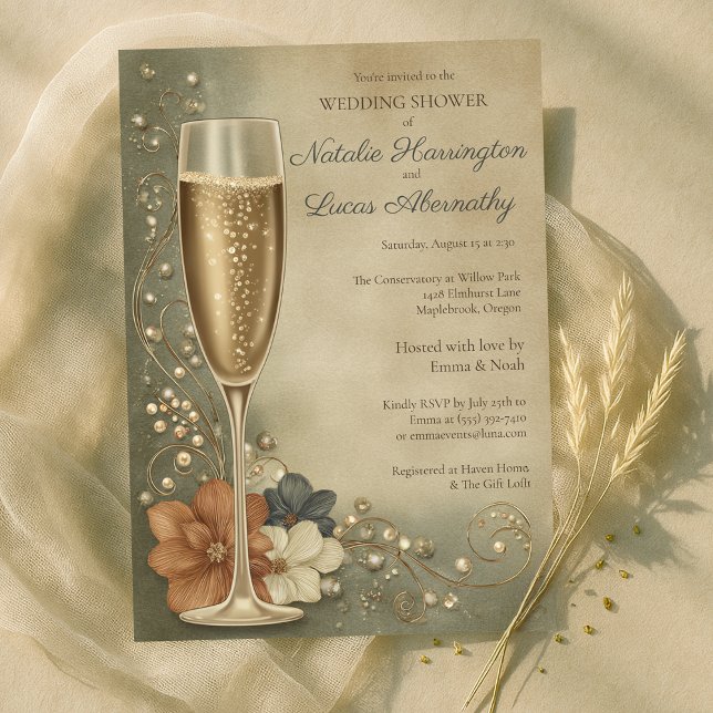 Convite Champagne Floral de Casamento do Casal (Couple’s Champagne Floral Wedding Shower Invitation
)