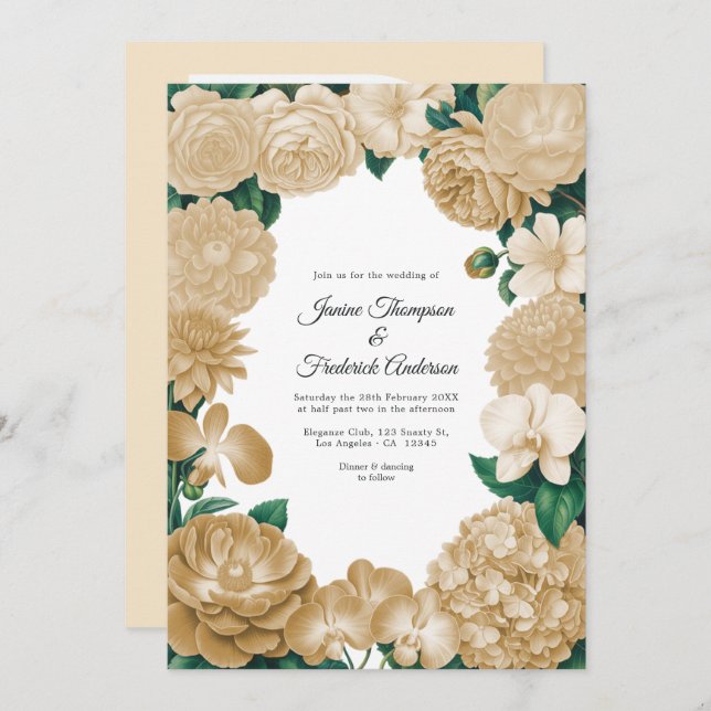 Convite Champagne Floral Photo and QR Code Wedding (Frente/Verso)