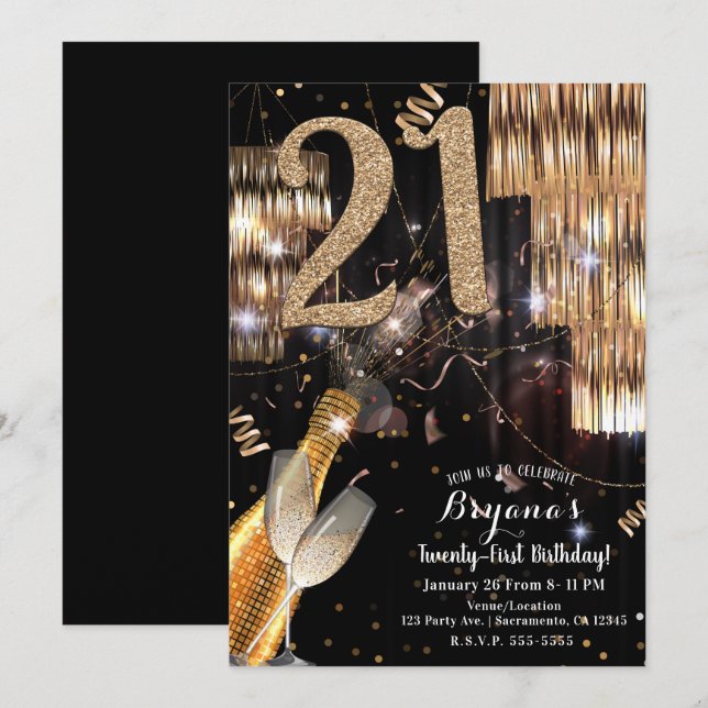 Convite Champagne Glamour Dourado para Vinho de 21º Aniver (Frente/Verso)