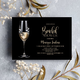 Convite Champagne Glass Black White Floral Bridal Shower