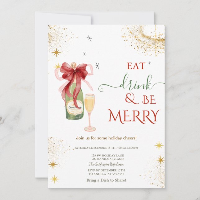 Convite Champagne Glass Bottle Red Bow (Frente)