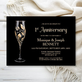 Convite Champagne Glass Gold Leaf 1st Wedding Anniversary