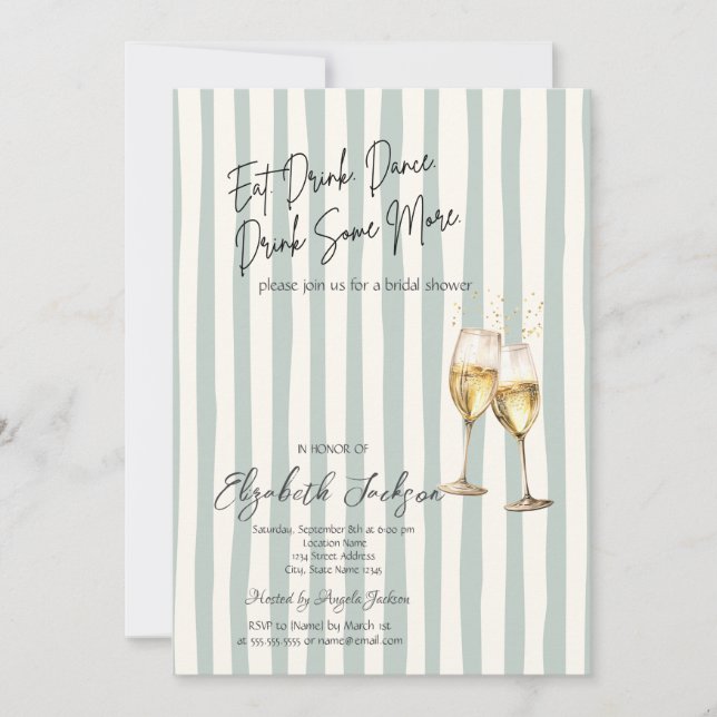 Convite Champagne Glass Green Stripes Bridal Shower (Frente)