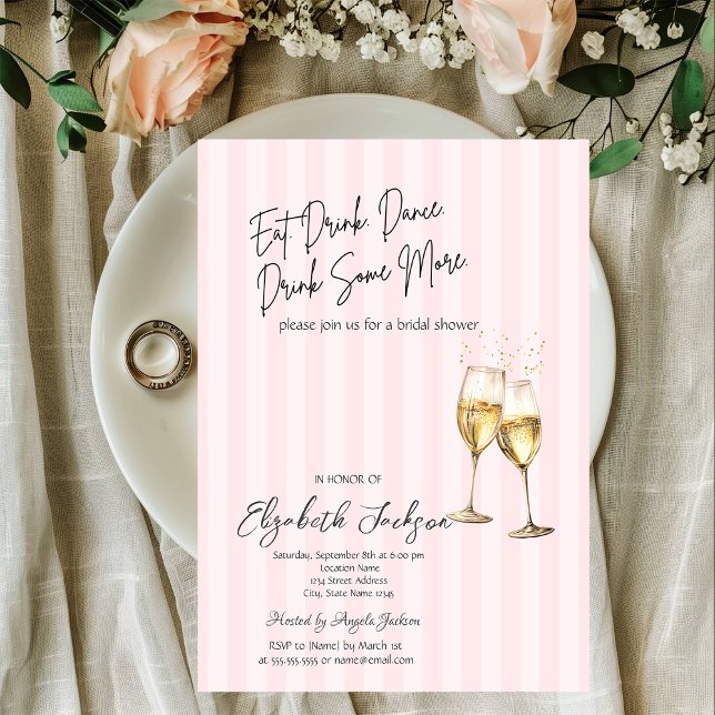 Convite Champagne Glass Pink Stripes Bridal Shower (Criador carregado)