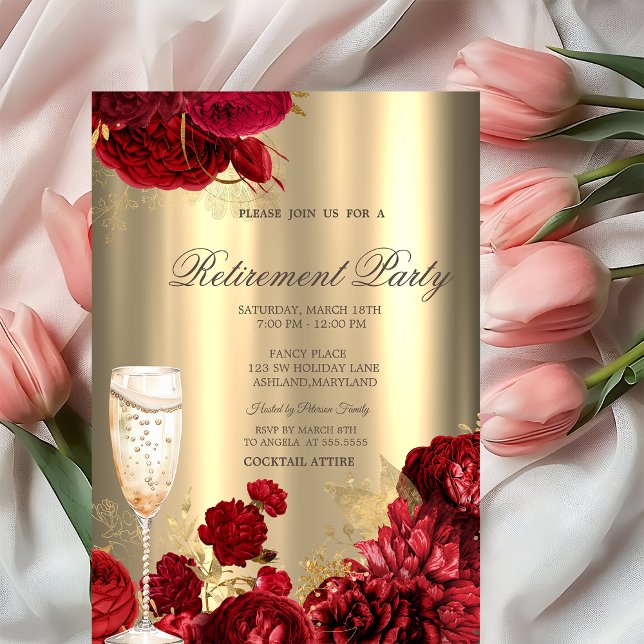 Convite Champagne Glass Red Roses Gold Retirement Party (Criador carregado)