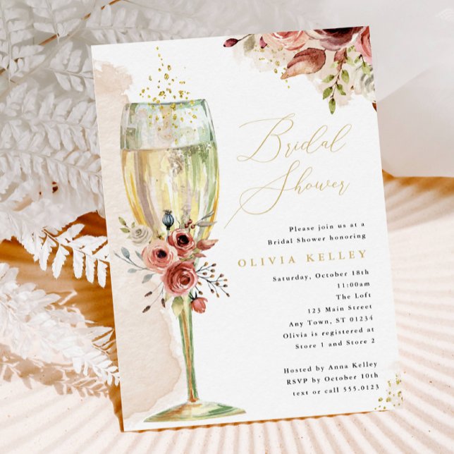 Convite Champagne Glass Rust and Gold Bridal Shower (Criador carregado)