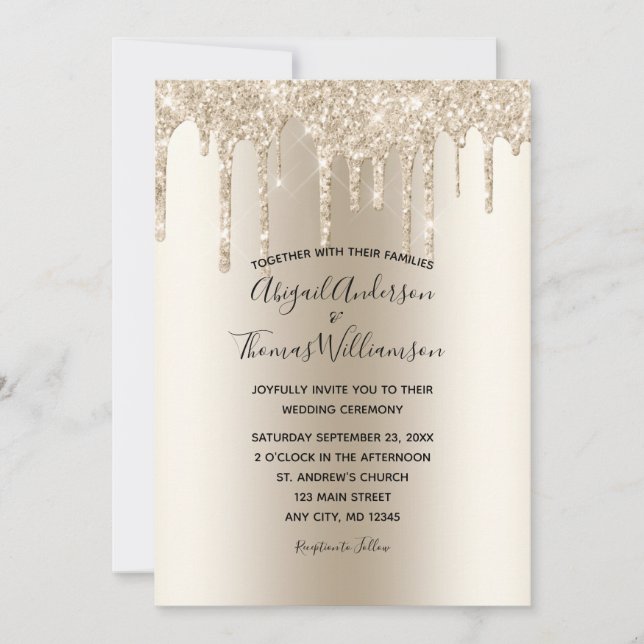 Convite Champagne Glitter Trendy Elegant Wedding Invi (Frente)