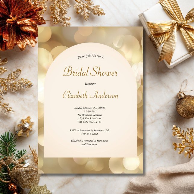 Convite Champagne Gold Bokeh Elegant Bridal Shower (Champagne Gold Bokeh Arch Bridal Shower invitation Digital or Printed)