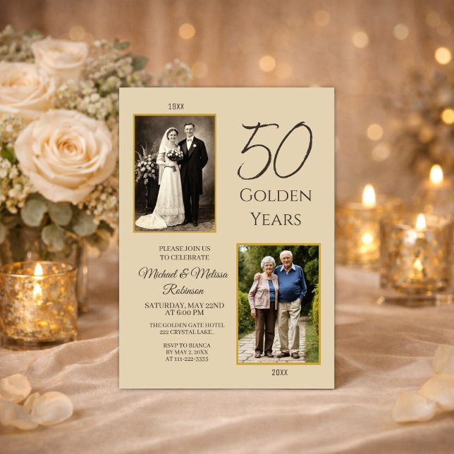 Convite Champagne Gold Então e Agora 50º Aniversário (Then and now 50th anniversary invitation with romantic candlelight celebration theme)