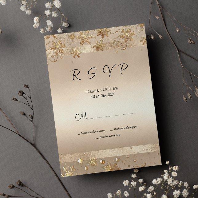 Convite Champagne Golden Snowflakes Luxury RSVP (Champagne Golden Snowflakes Luxury RSVP)