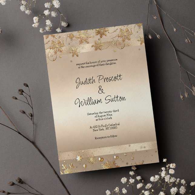 Convite Champagne Golden Snowflakes Luxury Wedding  (Champagne Golden Snowflakes Luxury Wedding)