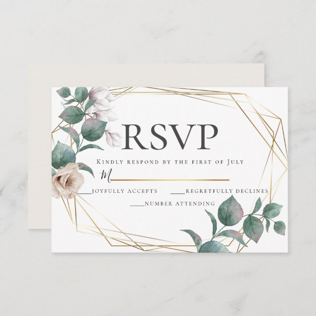 Convite Champagne Ivory Peony Wedding RSVP Botânica (Frente/Verso)