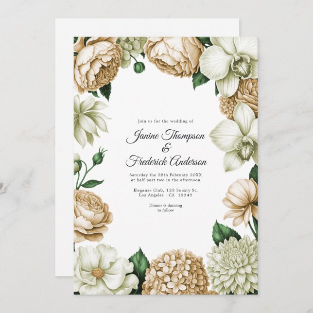 Convite Champagne & Ivory Watercolor Floral Wedding (Frente/Verso)