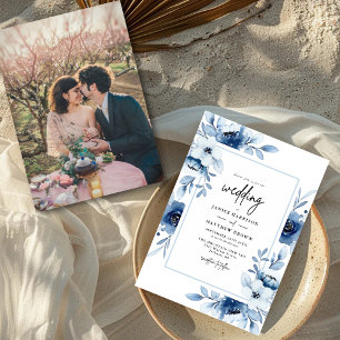 Convite Champagne Marfim Floral Foto Casamento Azul Empoei