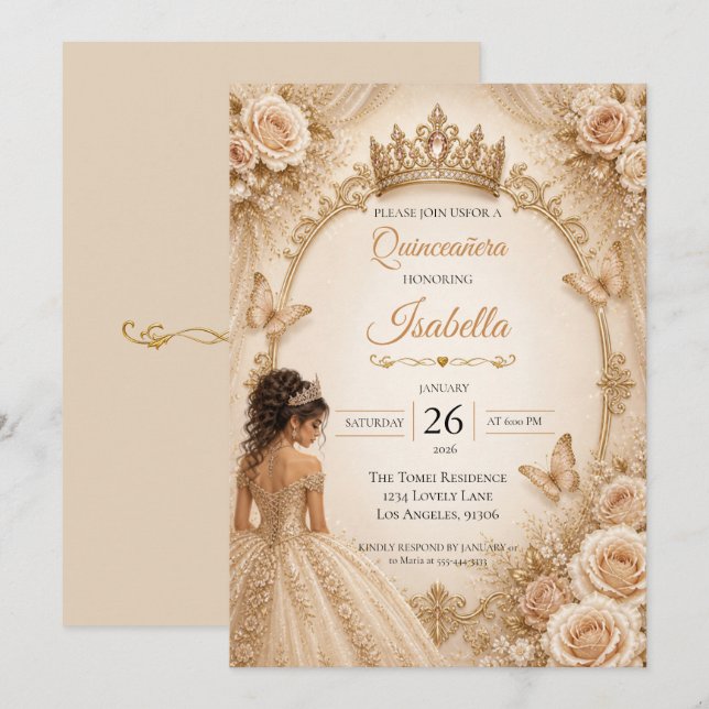 Convite Champagne Marfim Quinceañera  (Frente/Verso)
