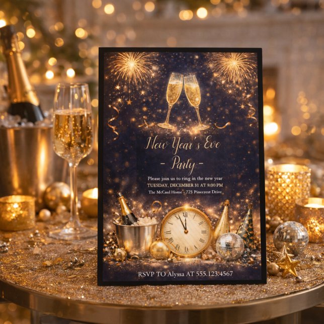 Convite Champagne Midnight Toast Invitation (Ring in the new year with champagne, fireworks, and a glowing midnight celebration)