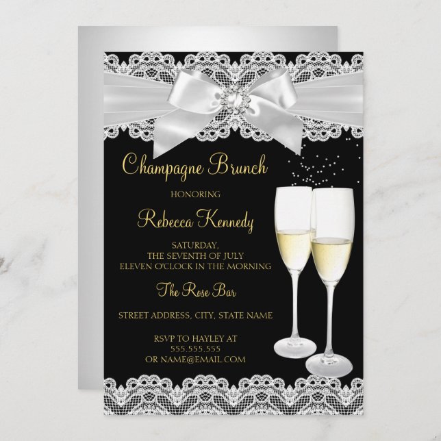 Convite Champagne preto branco Elegante Brunch (Frente/Verso)