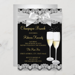 Convite Champagne preto branco Elegante Brunch