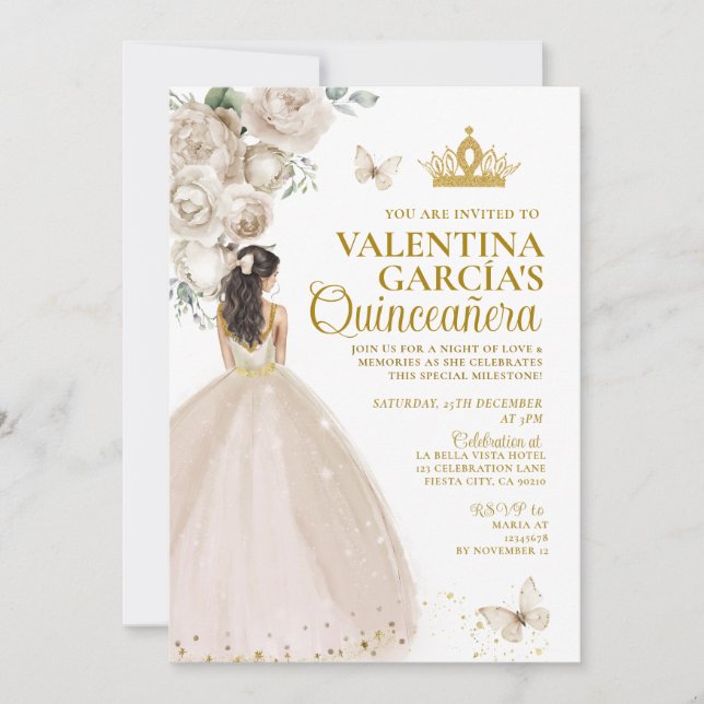 Convite Champagne Quinceañera 15 Anos Flores Dourada Coroa (Frente)