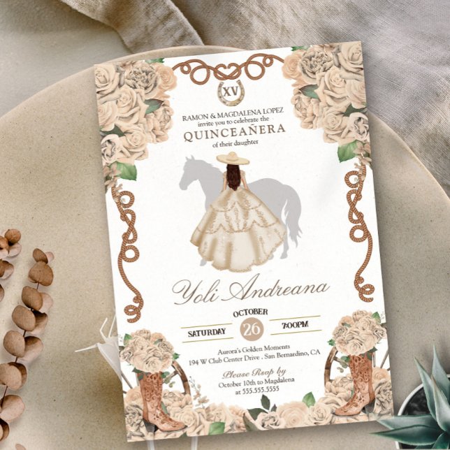 Convite Champagne Rosa Cream Floral Charro Quinceanera (Criador carregado)