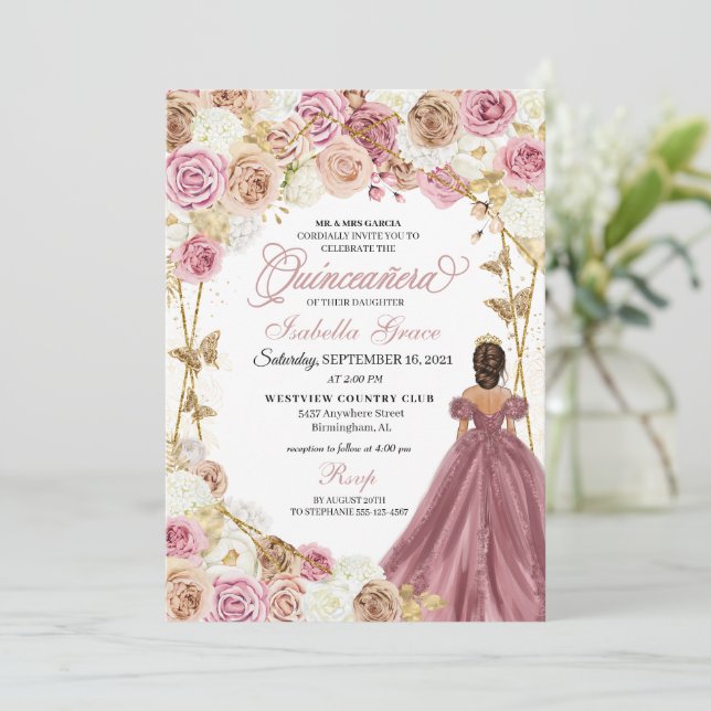 Convite Champagne Rosa Dourada Butterfly Princesa Quincean (Em pé/Frente)