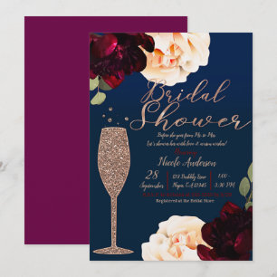 Convite Champagne Rosa Dourado Azul Naval Floral Chá de No
