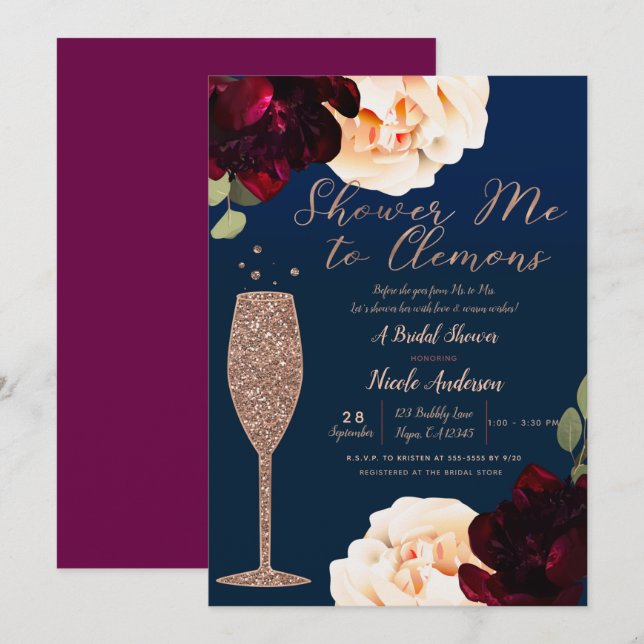 Convite Champagne Rosa Dourado Azul Naval Floral Chá de No (Frente/Verso)