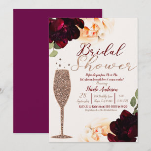 Convite Champagne Rosa Dourado Floral Chá de Noiva