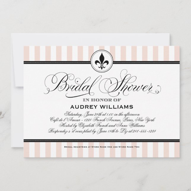 Convite Champagne Rosa Fleur de Lis Casamento Chá de Noiva (Frente)