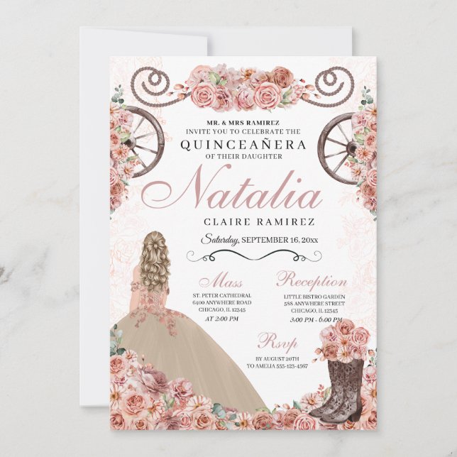 Convite Champagne Rosa Ranchero Princess Dress Quinceanera (Frente)
