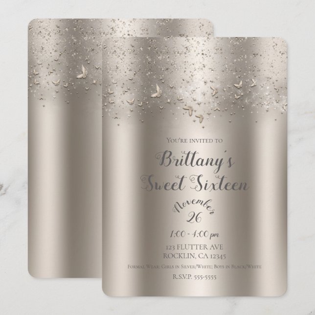 Convite Champagne Shimmer Flautter Butterfly Sweet 16 Part (Frente/Verso)
