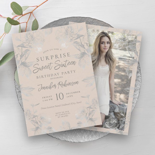 Convite Champagne Silver Floral Foto SURPRISE Sweet 16 (Champagne Silver Floral Photo SURPRISE Sweet 16 Invitation)