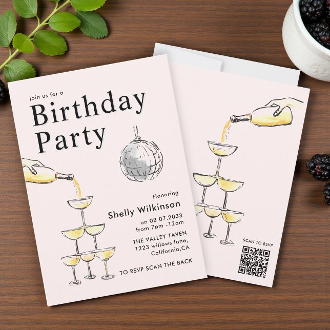 Convite Champagne Tower disco ball Birthday  Invitation (Criador carregado)