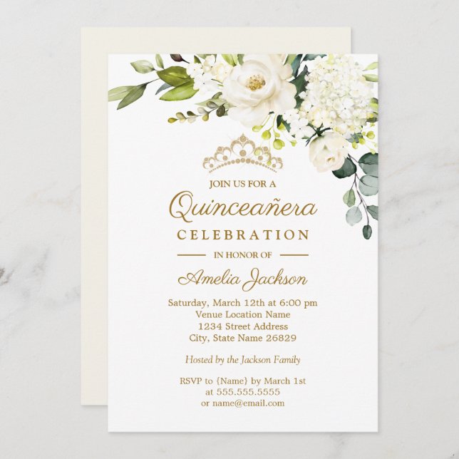Convite Champagne Watercolor Quinceanera Floral (Frente/Verso)