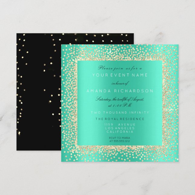 Convite Champaigne Dourado Preto Confete Minimal Menta Aqu (Frente/Verso)