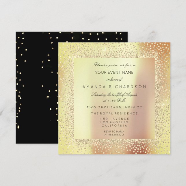 Convite Champaigne Sepia Dourada Glitter Confetti Rosa Pea (Frente/Verso)