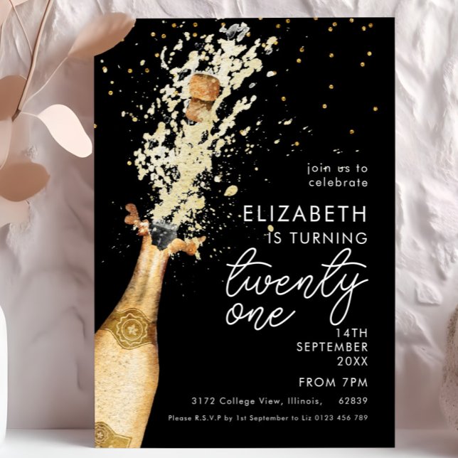 Convite Champanhe aniversário de 21 anos Black Dourado Con (Criador carregado)