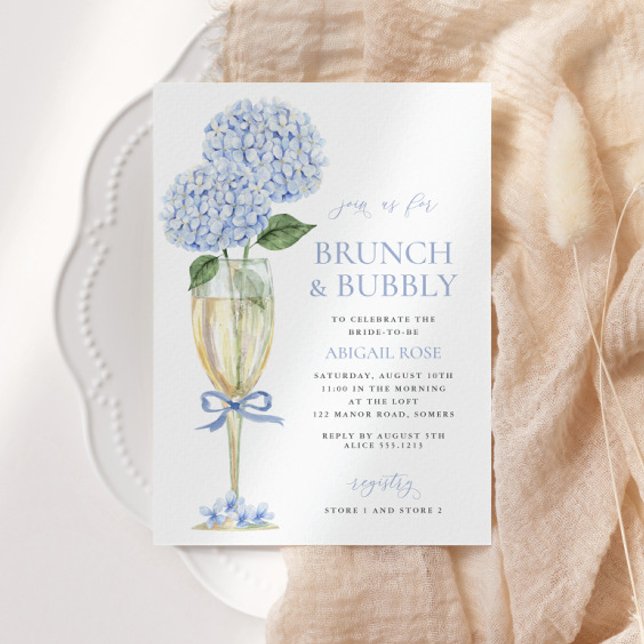Convite Champanhe Blue Hydrangea Brunch e Bubbles Serif (Criador carregado)