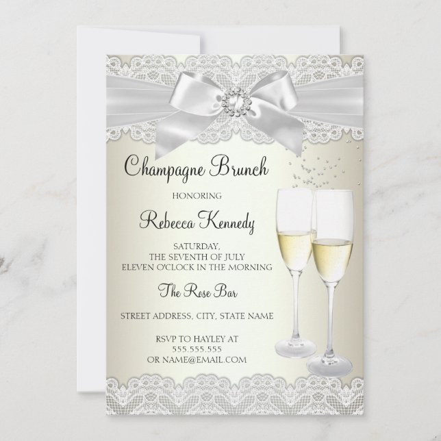 Convite Champanhe Branco Dourado Elegante Brunch (Frente)