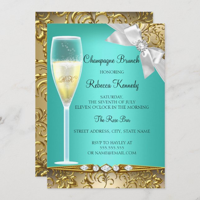 Convite Champanhe Branco Dourado Elegante Brunch (Frente/Verso)