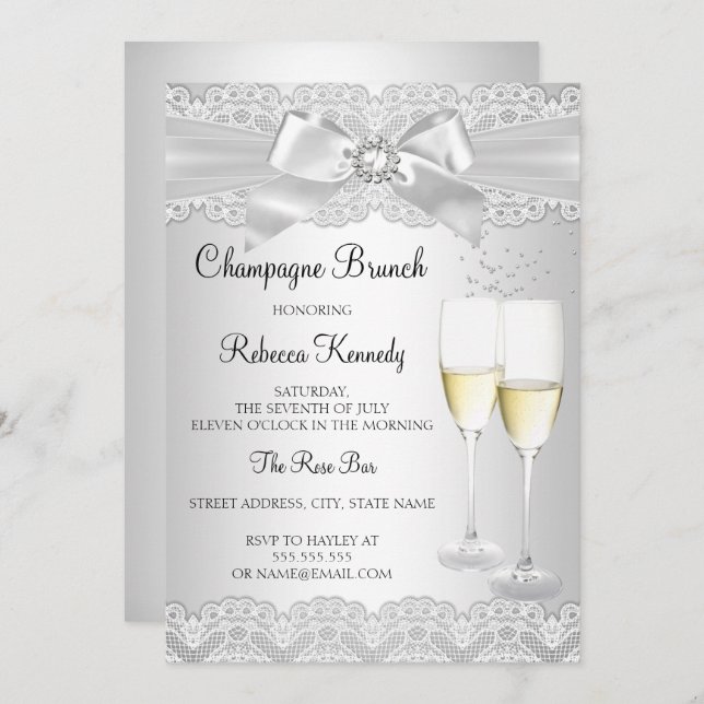 Convite Champanhe Branco Elegante Brunch (Frente/Verso)
