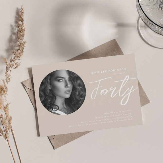 Convite Champanhe de aniversário de 40 anos de Fotografia  (Minimalist Script Photo 40th Birthday Champagne Invitation)