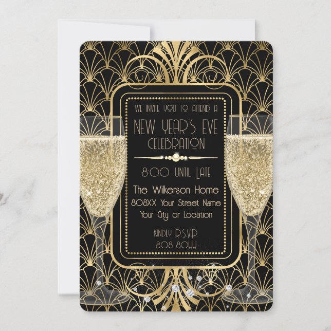 Convite Champanhe de Ano Novo do Roaring na década de 20 (Frente)