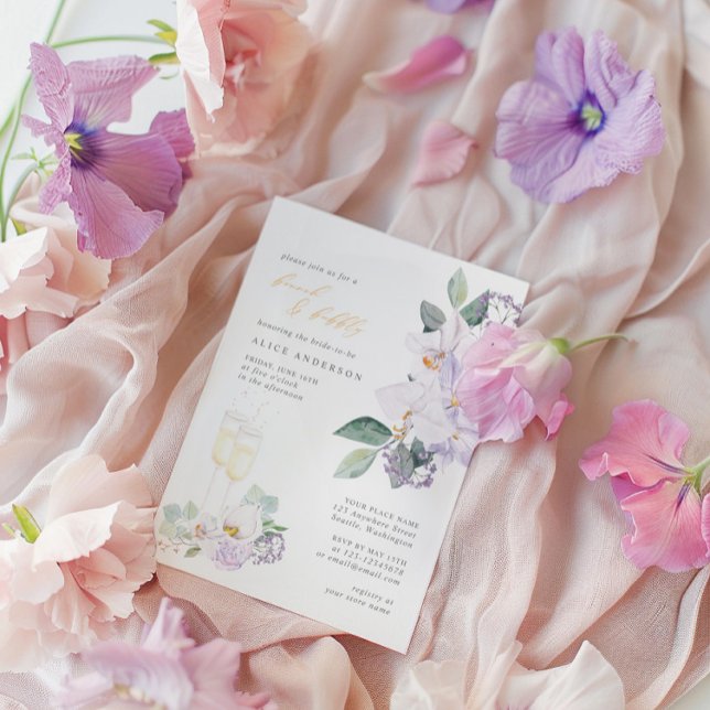 Convite Champanhe de Aquarela e Bridal Floral Brunbble (Watercolor Champagne & Floral Bridal Brunch Bubbly Invitation)