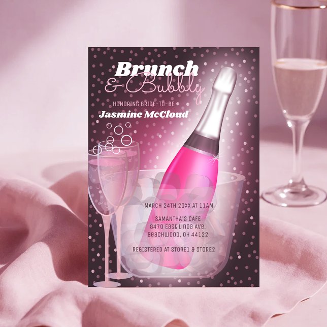 Convite Champanhe de Brunch e Chá de panela Inverso (Brunch and Bubbly Bridal Shower Pink Champagne Invitation)