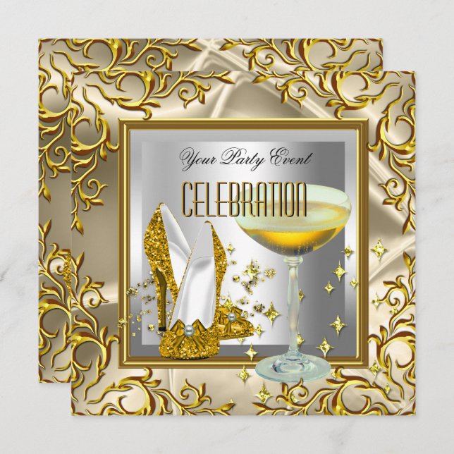 Convite Champanhe de Calçados de Alto Alcance de Prata Dou (Frente/Verso)